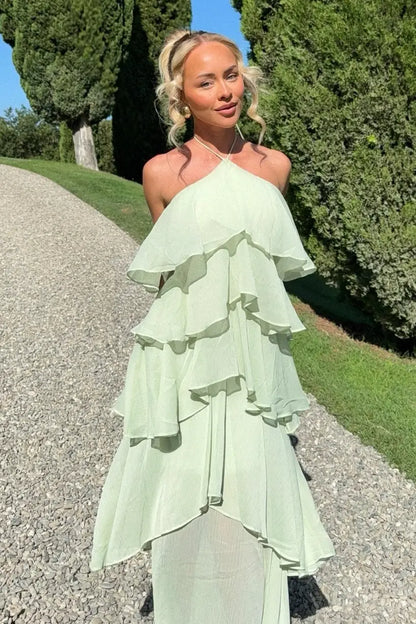 Chic A Line Halter Neck Sleeveless Lace Up Floor-Length Prom Dress