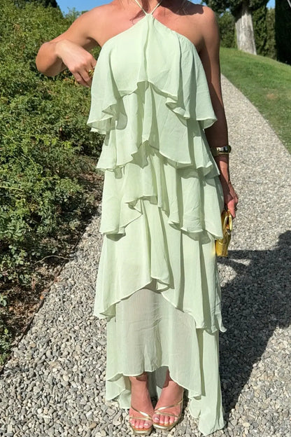 Chic A Line Halter Neck Sleeveless Lace Up Floor-Length Prom Dress