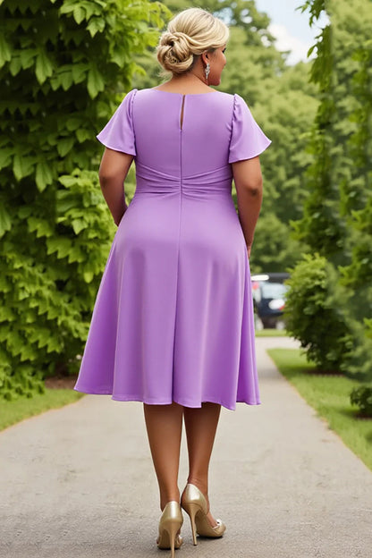 Chic A Line Scoop Neck Short Sleeves Keyhole Back Tea-Length Plus Size Mother of the Bride Dress