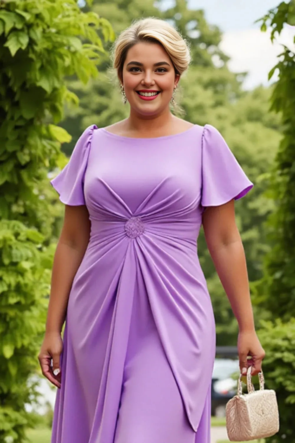 Chic A Line Scoop Neck Short Sleeves Keyhole Back Tea-Length Plus Size Mother of the Bride Dress
