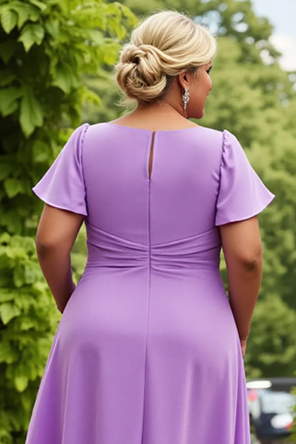 Chic A Line Scoop Neck Short Sleeves Keyhole Back Tea-Length Plus Size Mother of the Bride Dress