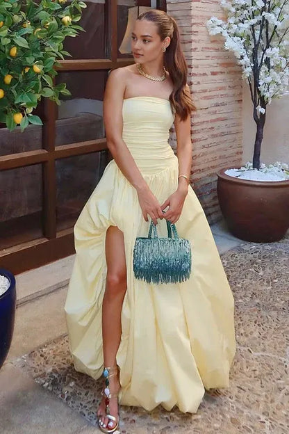 Chic A Line Strapless Sleeveless Satin Split Sweep Train Prom Dress