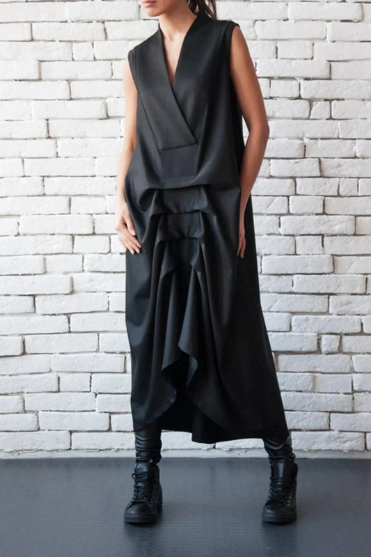 Chic Asymmetric Black Dress Loose V Neck Dress Sleeveless Maxi Dress With Drapings