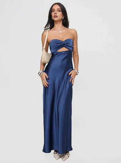 Chic Black Satin Strapless Cutout Backless Floor-Length Prom Dress
