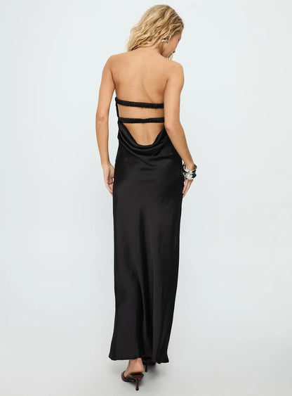 Chic Black Satin Strapless Cutout Backless Floor-Length Prom Dress