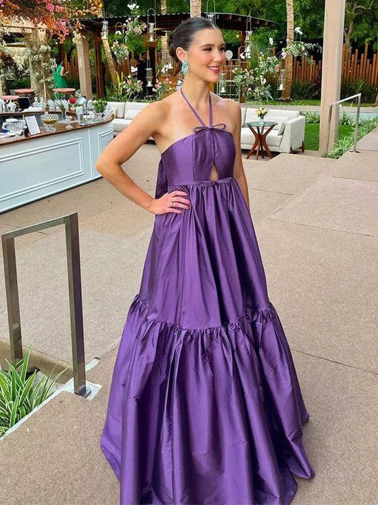 Chic Halter Sleeveless Sleeveless Satin Tiered Maxi Formal Dress