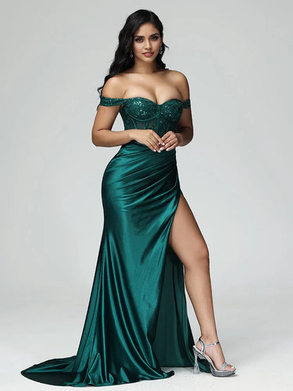 Chic Mermaid Off The Shoulder Sleeveless Zipper Back Sweep Train Prom Dress