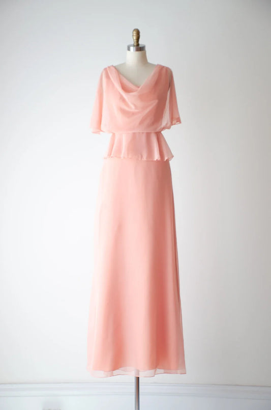 Chic Pink Chiffon Dress Cowl Neck Flutter Sleeve Floor Length Prom Party Dress