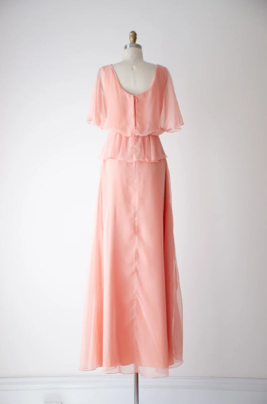 Chic Pink Chiffon Dress Cowl Neck Flutter Sleeve Floor Length Prom Party Dress