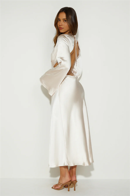 Chic Round Neck Simple A-line Long Sleeves Backless Ankle Length Prom Party Dress