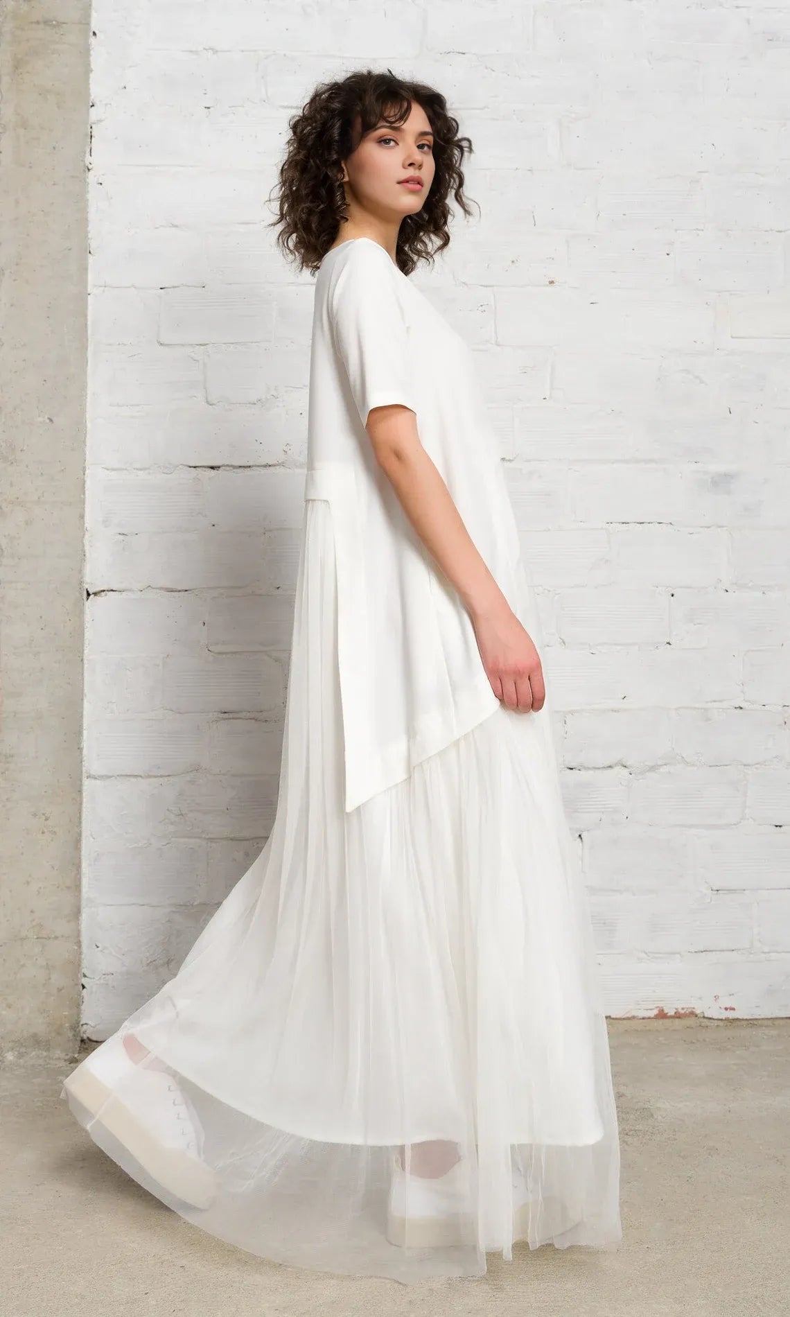 Chic Round Neck Tulle Dress A-line Short Sleeves Floor Length Prom Party Dress