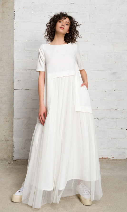 Chic Round Neck Tulle Dress A-line Short Sleeves Floor Length Prom Party Dress
