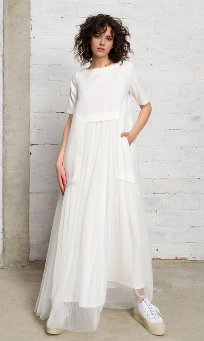 Chic Round Neck Tulle Dress A-line Short Sleeves Floor Length Prom Party Dress