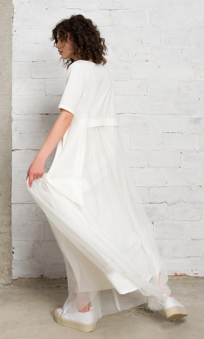 Chic Round Neck Tulle Dress A-line Short Sleeves Floor Length Prom Party Dress