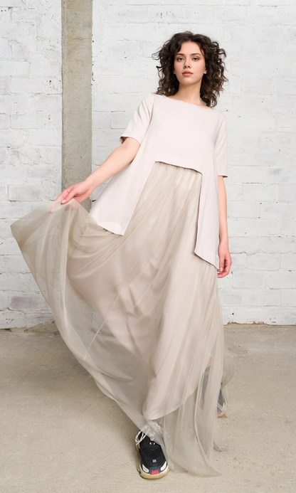 Chic Round Neck Tulle Dress A-line Short Sleeves Floor Length Prom Party Dress