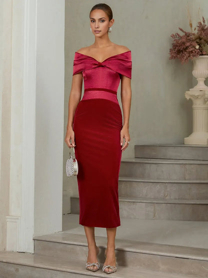 Chic Sheath Off The Shoulder Short Sleeve Backless Tea-Length Evening Dress