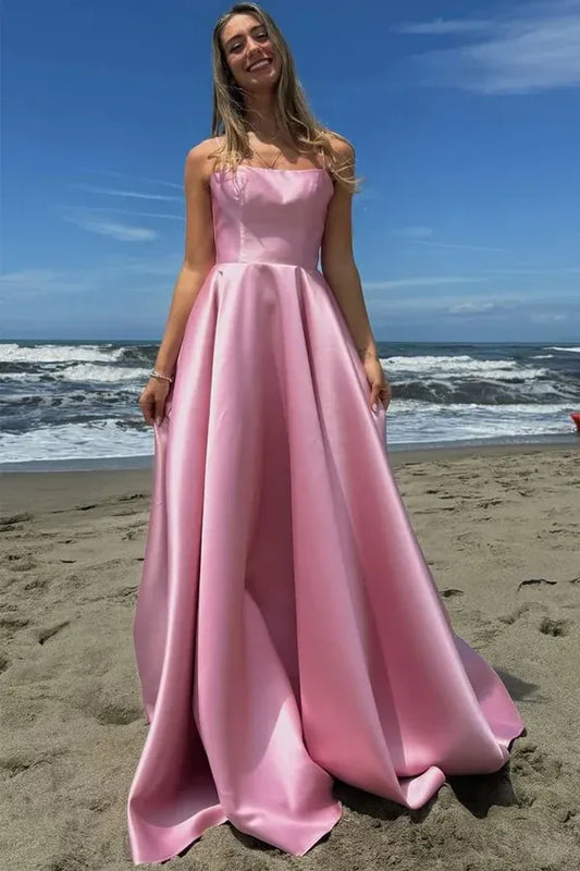 Chic Spaghetti Strap Lace-up Back Satin Maxi Prom Dress