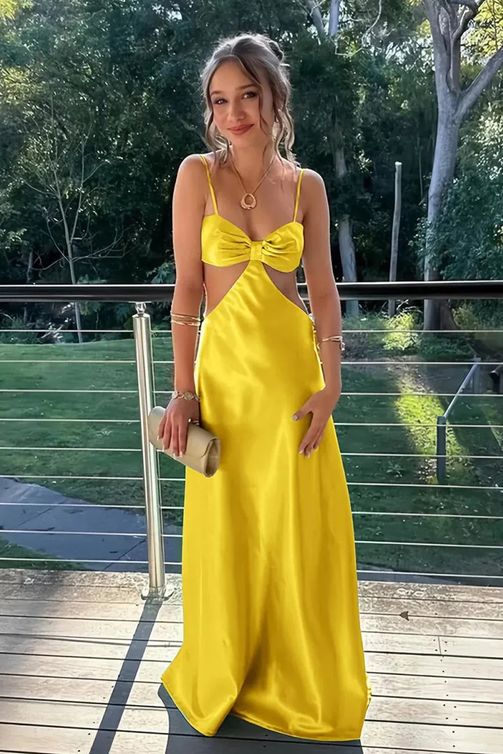Chic Spaghetti Strap Satin Cut-Out Bow Maxi Prom Dress