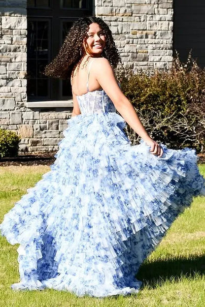 Chic Spaghetti Straps Sleeveless Empire A-Line Chiffon Tiered Long Prom Dress