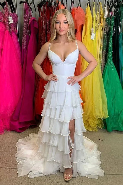 Chic Tiered Spaghetti Strap Sleeveless Organza Prom Dress With Slit