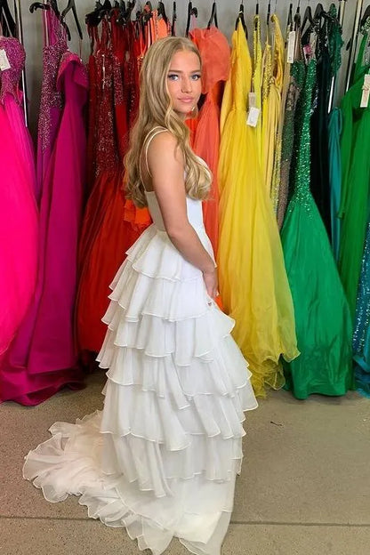 Chic Tiered Spaghetti Strap Sleeveless Organza Prom Dress With Slit