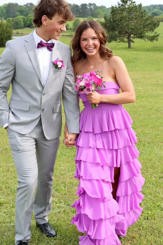 Chic Tiered Strapless Sleeveless Chiffon High Low Prom Dress