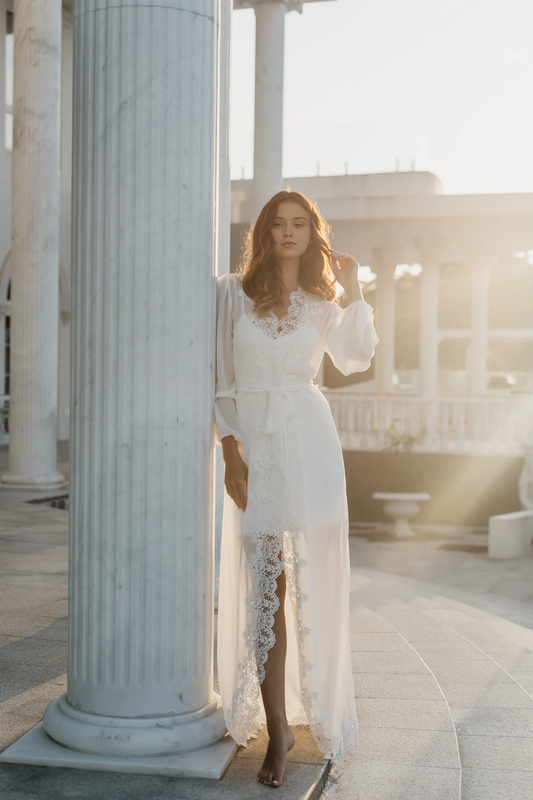 Chic V Neck Wedding Dress A-line Long Sleeves Prom Dress Lace Bridal Long Robe Party Dress