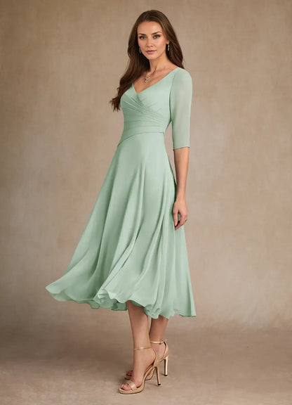 Dress Pleated Chiffon A-Line Mother Of The Bride Evening Dress Minimalist Three-Quarter Sleeve Mother Of The Groom Dresses