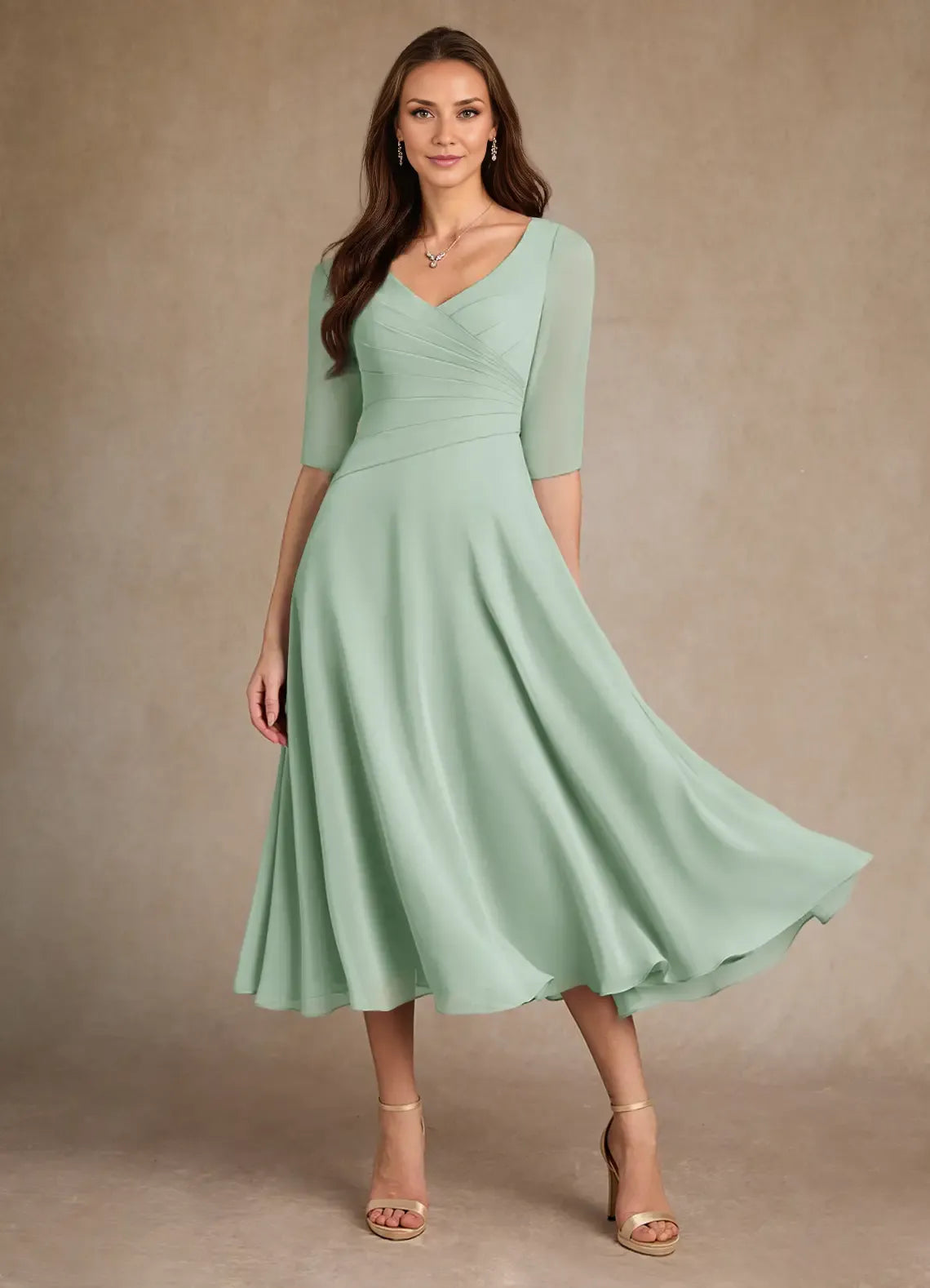 Dress Pleated Chiffon A-Line Mother Of The Bride Evening Dress Minimalist Three-Quarter Sleeve Mother Of The Groom Dresses