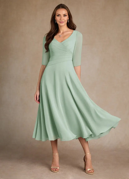 Dress Pleated Chiffon A-Line Mother Of The Bride Evening Dress Minimalist Three-Quarter Sleeve Mother Of The Groom Dresses