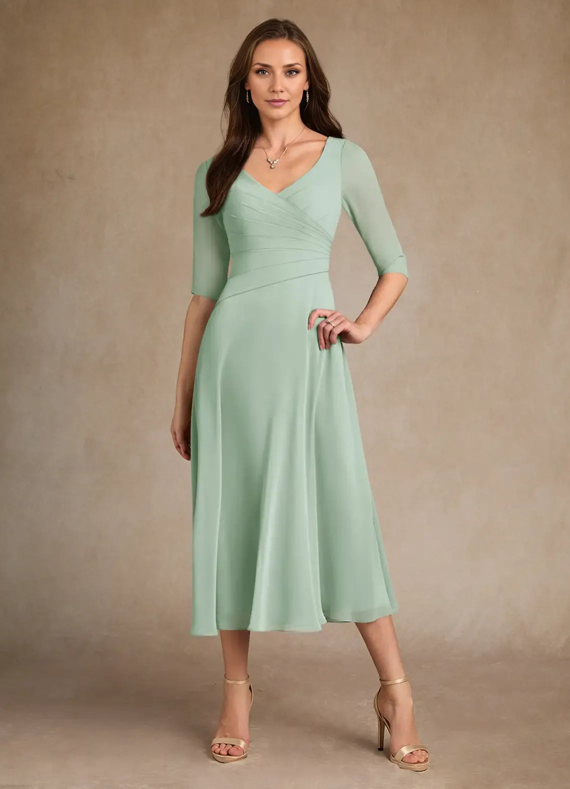 Dress Pleated Chiffon A-Line Mother Of The Bride Evening Dress Minimalist Three-Quarter Sleeve Mother Of The Groom Dresses