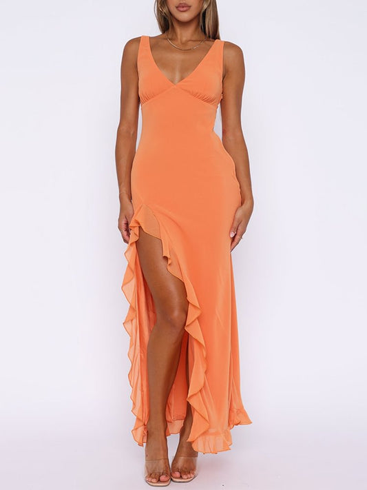 Chiffon Deep V Neckline Sleeveless Ankle Length Ruffle Slit Prom Dress With Slit