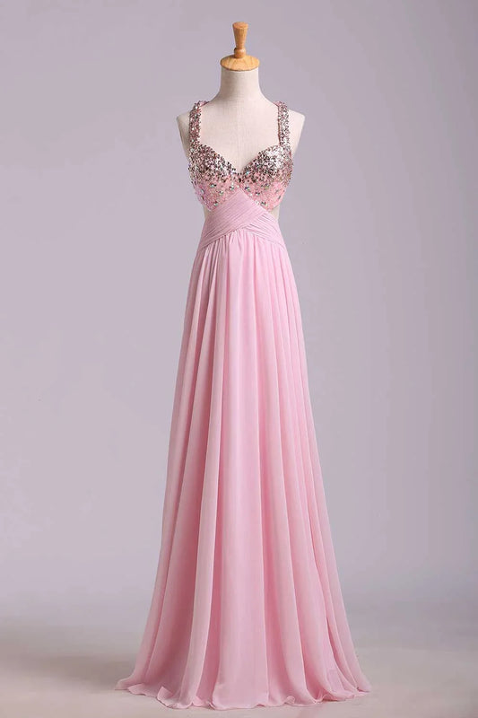 Formal Women's Dresses Pink Sweetheart Sequins Cross Back Chiffon Long Formal Prom Dress Prom Dress Stores