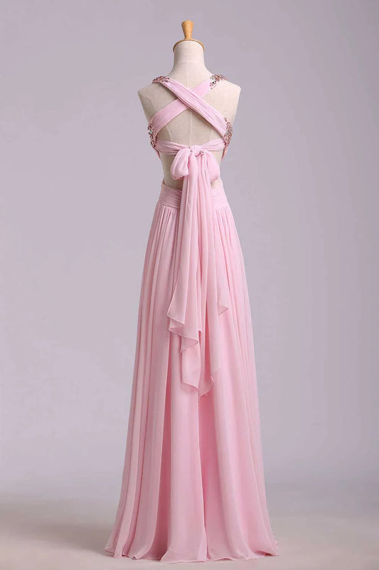 Formal Women's Dresses Pink Sweetheart Sequins Cross Back Chiffon Long Formal Prom Dress Prom Dress Stores