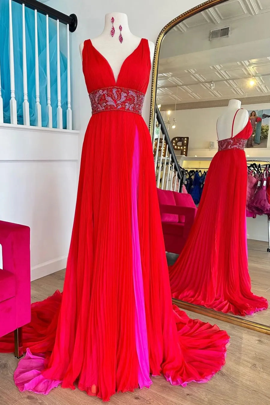 Prom Dress Store Trendy Red Deep V-neck A-Line Chiffon Pleated Long Prom Dress with Beading Formal Women's Dresses