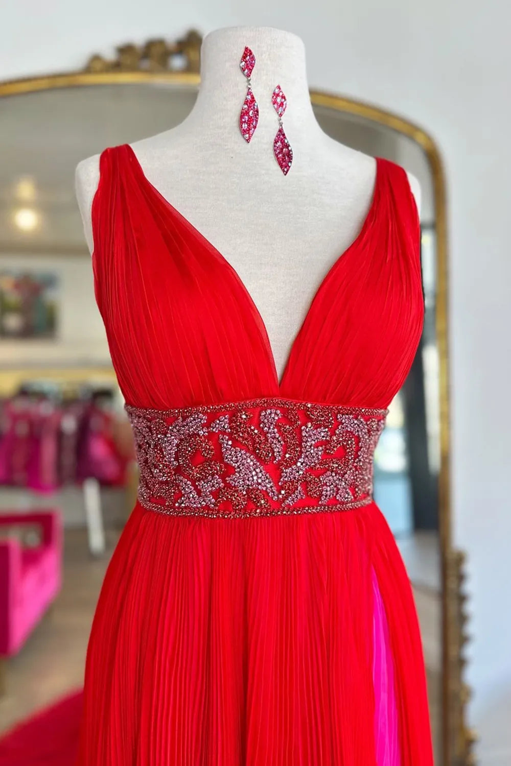 Prom Dress Store Trendy Red Deep V-neck A-Line Chiffon Pleated Long Prom Dress with Beading Formal Women's Dresses