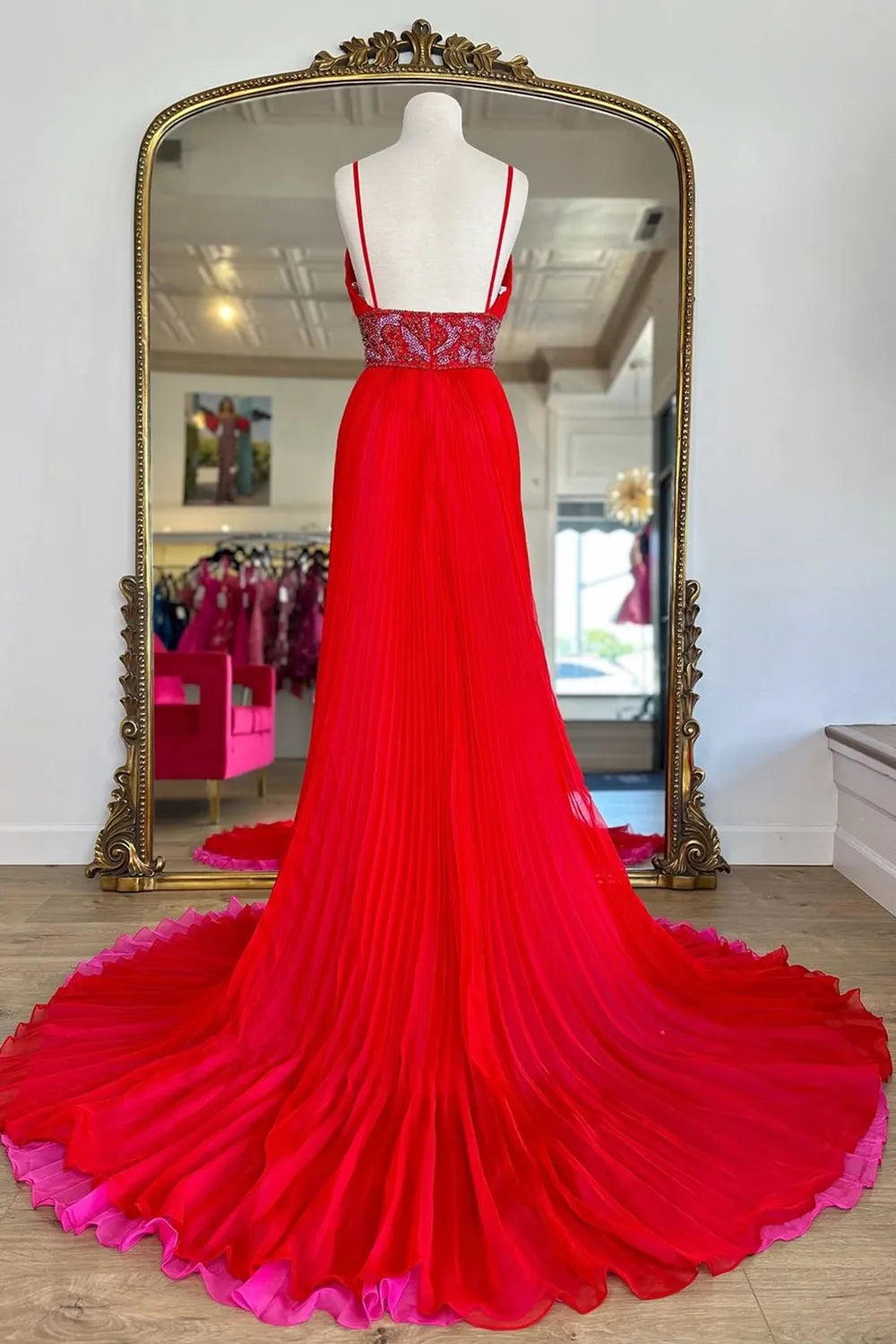 Prom Dress Store Trendy Red Deep V-neck A-Line Chiffon Pleated Long Prom Dress with Beading Formal Women's Dresses