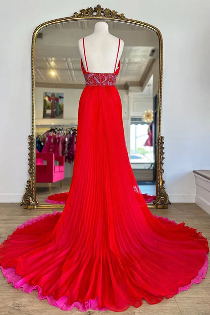 Prom Dress Store Trendy Red Deep V-neck A-Line Chiffon Pleated Long Prom Dress with Beading Formal Women's Dresses