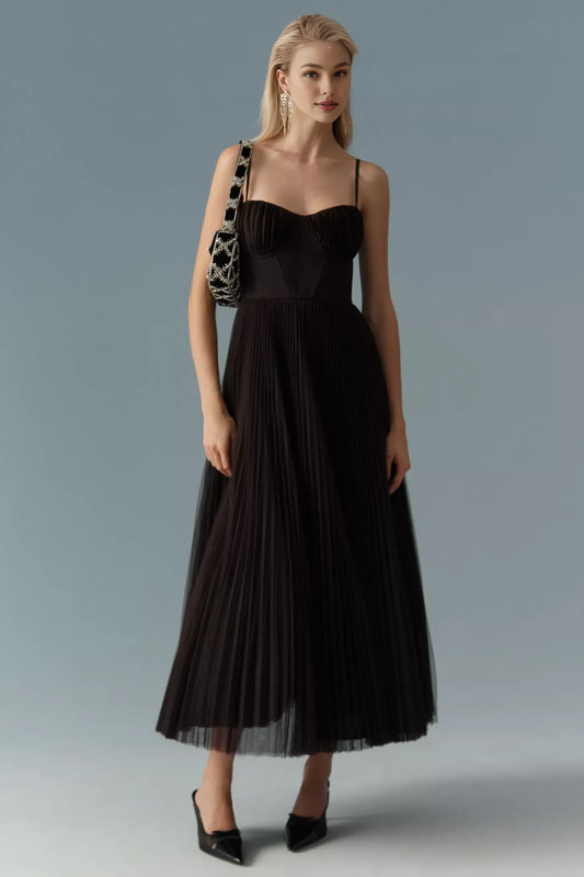 Dress Corset Pleated Tulle Fit & Flare Midi Dress Spaghetti Straps Blue A-line Prom Dress