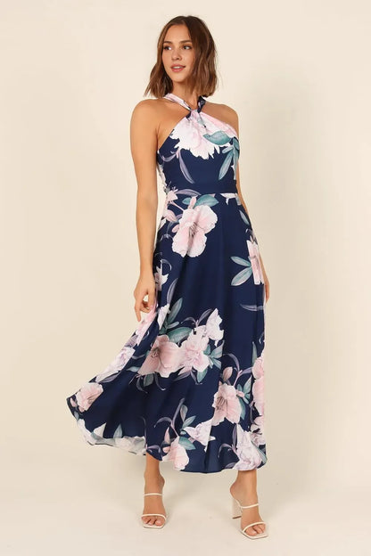 Classic A-Line Halter Neck Sleeveless Backless Ankle-Length Prom Dress