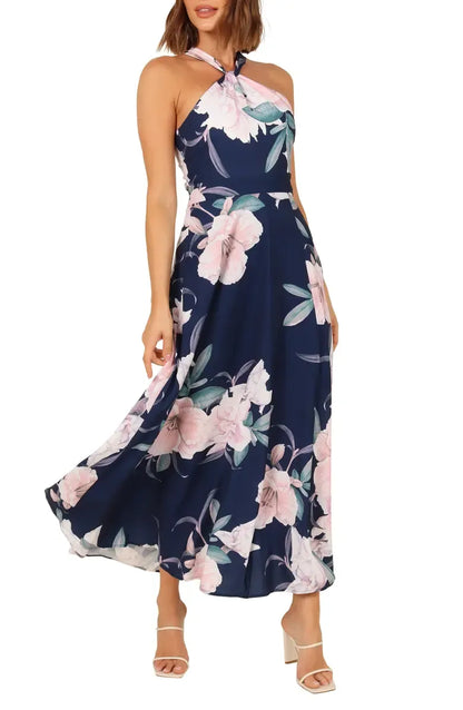 Classic A-Line Halter Neck Sleeveless Backless Ankle-Length Prom Dress