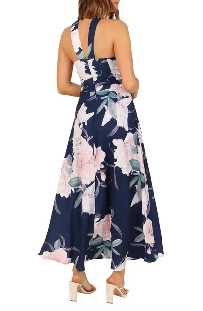 Classic A-Line Halter Neck Sleeveless Backless Ankle-Length Prom Dress