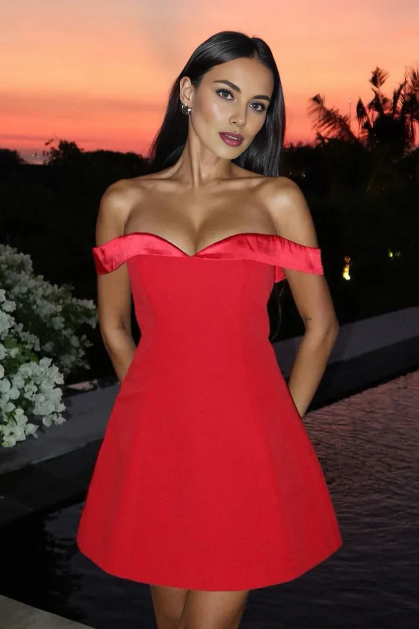 Satin Princess A‑Line Sweetheart Off‑Shoulder Bardot‑Cuff Open‑Back Mini Homecoming Dresses