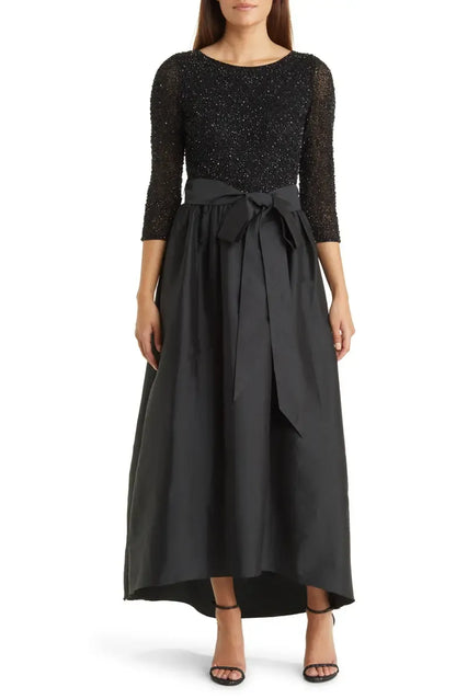 Classic A-Line Scoop Neck Long Sleeve Satin Ankle-Length Prom Dress