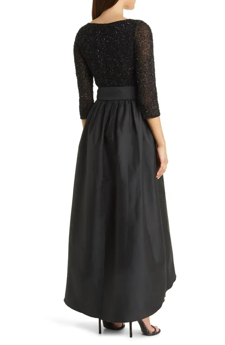 Classic A-Line Scoop Neck Long Sleeve Satin Ankle-Length Prom Dress