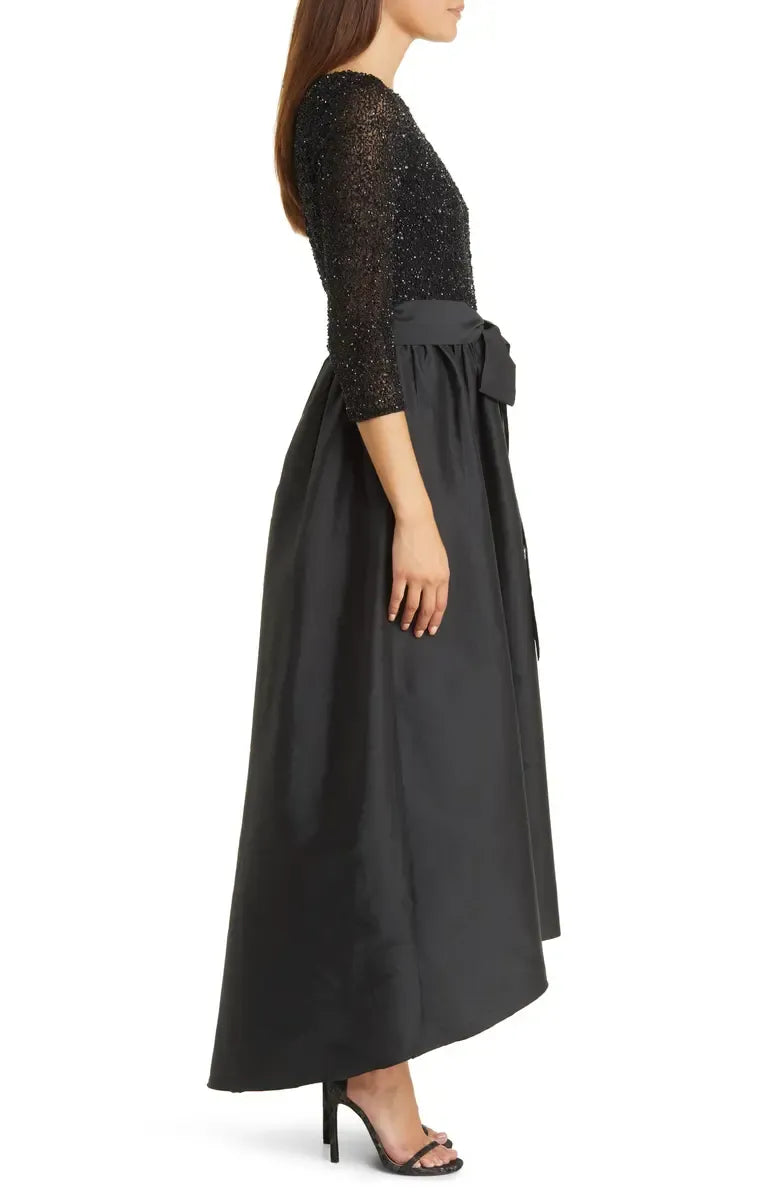 Classic A-Line Scoop Neck Long Sleeve Satin Ankle-Length Prom Dress