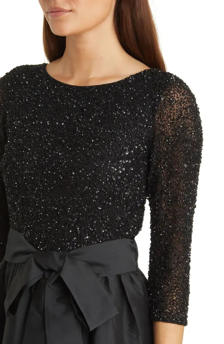 Classic A-Line Scoop Neck Long Sleeve Satin Ankle-Length Prom Dress