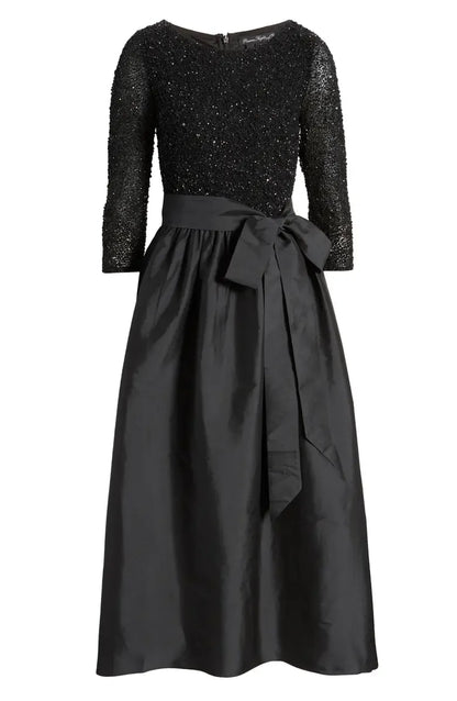 Classic A-Line Scoop Neck Long Sleeve Satin Ankle-Length Prom Dress