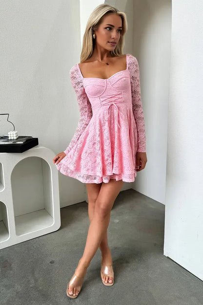 Classic A-Line Square Neck Long Sleeve Pleated Ruffles Lace Short-Mini Homecoming Dress