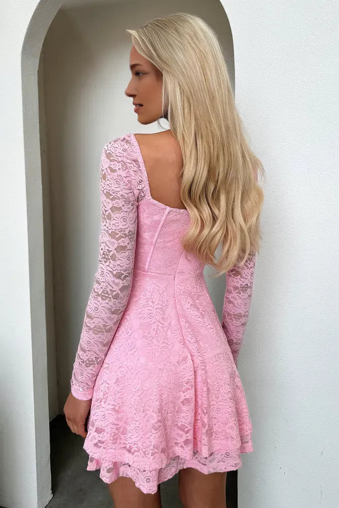 Classic A-Line Square Neck Long Sleeve Pleated Ruffles Lace Short-Mini Homecoming Dress